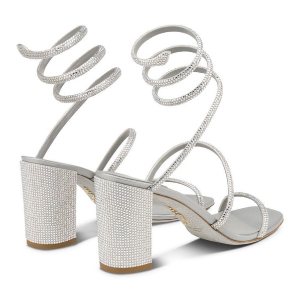 Rene Caovilla Cleo Grey Silver Crystal Wrap Strap Sandal Block Heel Pump 39 - Picture 10 of 12